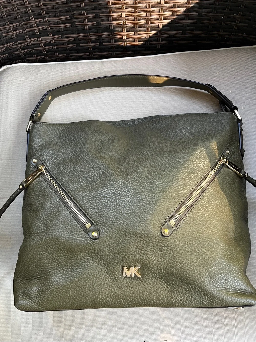 Michael Kors Olive Green Pebbled Leather Hobo Bag with Gold Hardware